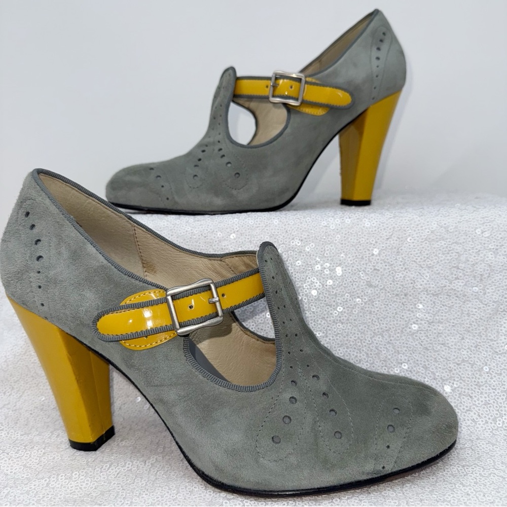 RE-MIX Deluxe Vintage Classic Women size 9.5 gray suede/yellow shoes